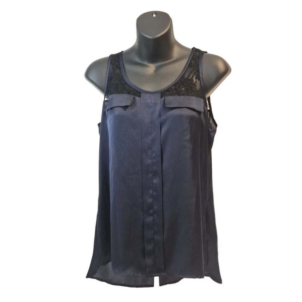 Express Sleeveless Navy Blue Satin Blouse with Black Lace‎ Inset